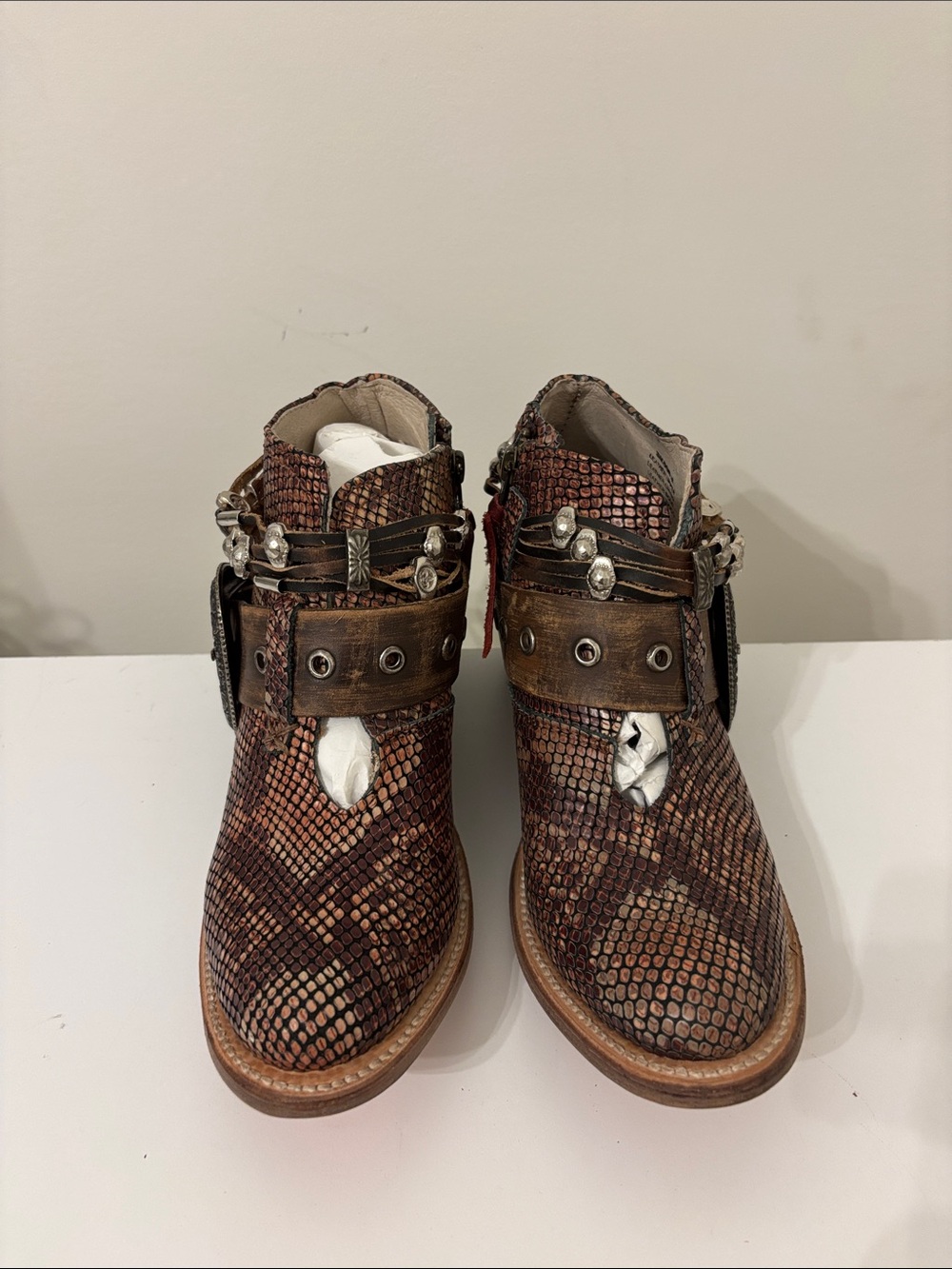 Freebird Saloon Brown Snakeskin-Pattern Ankle Boots with Studded Straps